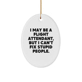 Funny Flight Attendant Gifts from Friends, Christmas Unique Oval Ornaments, I May Be A Flight Attendant But I Cant Fix Stupid People. - Image 1